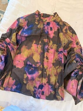 Crosby Abstract Watercolor Blouse in Black, Pink, Blue & Gold